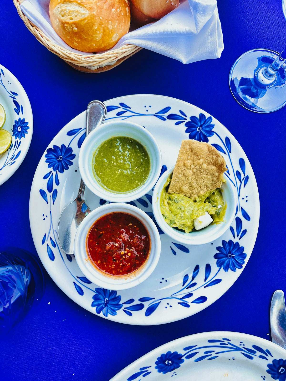 Roasted tomatillo and red pepper salsa in a bowl